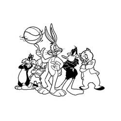 Coloriage Bugs Bunny faisant tourner un ballon de basket avec ses amis