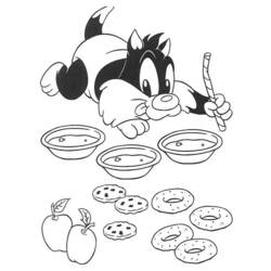 Coloriage Baby Looney Tunes avec Grosminet, beignets et pommes