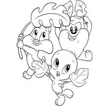Coloriage Baby Looney Tunes sous des feuilles parapluie