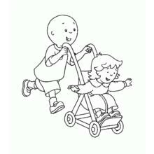 Coloriage Caillou poussant sa petite sœur en poussette