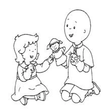 Coloriage Caillou joue avec des marionnettes à doigts