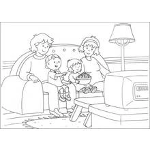 Coloriage Caillou devant la télévision avec sa famille