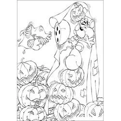 Coloriage Diddl déguisé en fantôme parmi les citrouilles