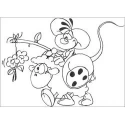 Coloriage Diddl chevauchant un mouton avec une branche fleurie