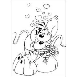 Coloriage Diddl offrant un bouquet de fleurs avec des cœurs