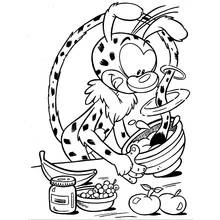 Coloriage Marsupilami préparant un bol de fruits
