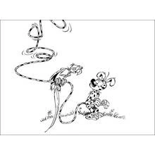 Coloriage Marsupilami tenant le perroquet avec sa longue queue