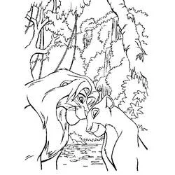 Coloriage Nala museau contre museau avec Simba près de la cascade