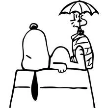 Coloriage Snoopy allongé sur sa niche avec Woodstock sous un parapluie