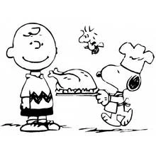 Coloriage Snoopy servant la dinde de Thanksgiving à Charlie Brown
