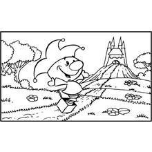 Coloriage Bouffon sautant sur un ressort près d'un château