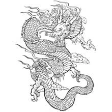 Coloriage Dragon enroulé entouré de flammes et de nuages