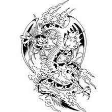 Coloriage Dragon chinois enroulé parmi les flammes