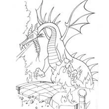 Coloriage Dragon crachant du feu sur un pont de pierre