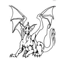 Coloriage Dragon assis qui sourit, cornes et queue relevée