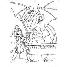 Coloriage Dragon affrontant un chevalier sur un mur de pierre