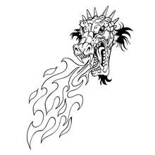 Coloriage Tête de dragon en gros plan, flammes en volutes