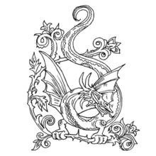 Coloriage Dragon enroulé parmi des rinceaux ornementaux