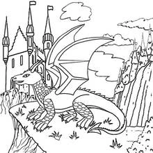 Coloriage Dragon ailé devant une cascade et un château