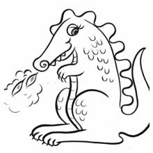 Coloriage Dragon amical assis, flammes en nuage