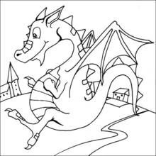 Coloriage Dragon volant au-dessus d'un village