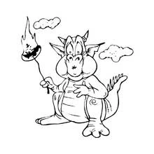 Coloriage Dragon tenant une torche sous les nuages