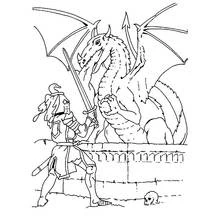 Coloriage Dragon face à un chevalier en armure