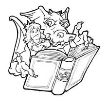Coloriage Dragon et enfant lisant un grand livre