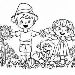 Coloriage Épouvantail avec deux enfants souriants dans un jardin