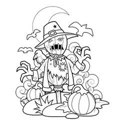 Coloriage Épouvantail entouré de citrouilles pour Halloween