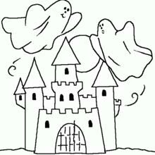 Coloriage Fantômes survolant un château hanté