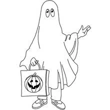 Coloriage Fantôme tenant un sac citrouille d'Halloween