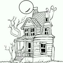 Coloriage Fantôme flottant au-dessus d'une maison hantée