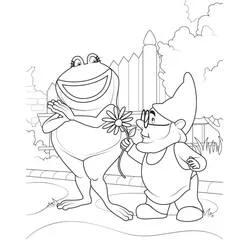 Coloriage Gnome offrant une fleur à une grenouille