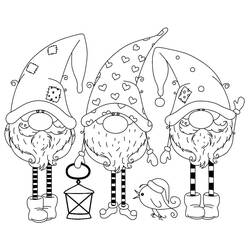 Coloriage Gnomes de Noël mignons avec lanterne et oiseau