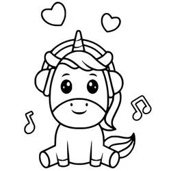 Coloriage Licorne Kawaii écoute de la musique