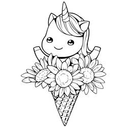 Coloriage Licorne Kawaii en cornet de glace avec des tournesols