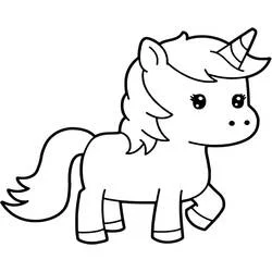 Coloriage Licorne Kawaii en train de marcher avec un grand sourire