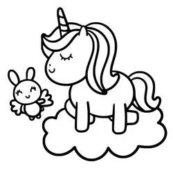 Coloriage Licorne Kawaii sur un nuage avec un petit lapin