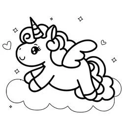 Coloriage Licorne Kawaii bondissant au-dessus d'un nuage