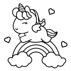 Coloriage Licorne Kawaii allongée sur un arc-en-ciel