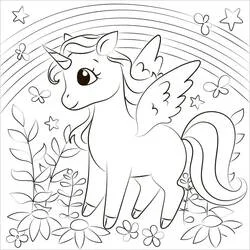 Coloriage Licorne Kawaii debout sous un arc-en-ciel