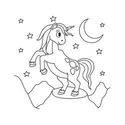 Coloriage Licorne Kawaii sous la lune et les étoiles