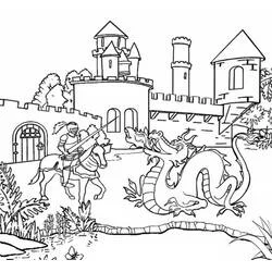 Coloriage Chevalier affrontant un dragon devant un château
