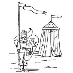 Coloriage Personnage médiéval avec bannière près d'une tente