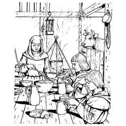 Coloriage Famille du Moyen Âge partageant un repas