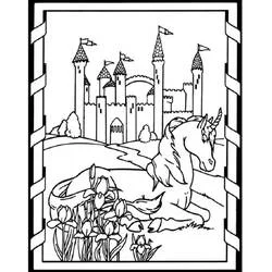 Coloriage Licorne allongée près d'un château du Moyen Âge