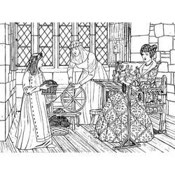 Coloriage Femmes du Moyen Âge filant la laine dans un château