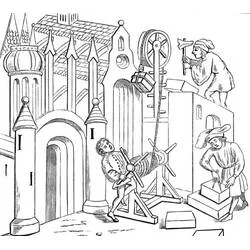 Coloriage Personnages du Moyen Âge sur un chantier de cathédrale