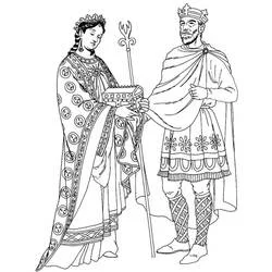 Coloriage Roi et reine du Moyen Âge en tenue royale